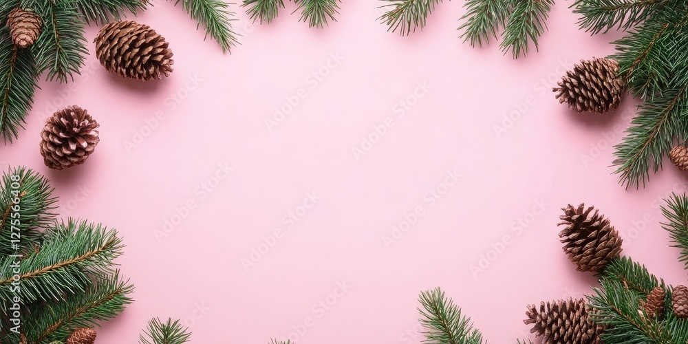 Poster pink background featuring spruce branches and pine cones framing a central copy space area, creating