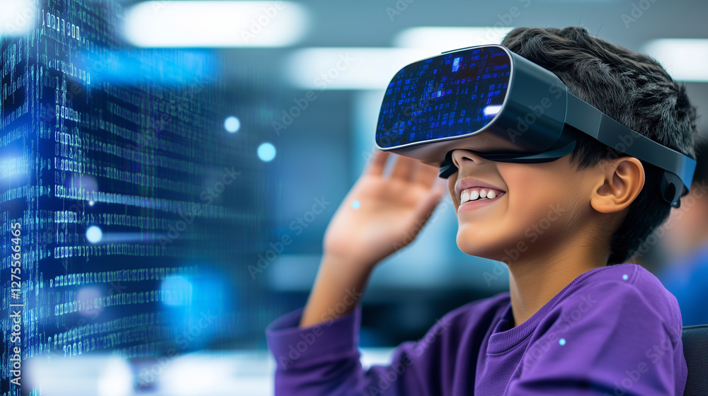Poster cybersecurity learning with ar tech: student writing code with ai & cyber visuals in classroom ar te