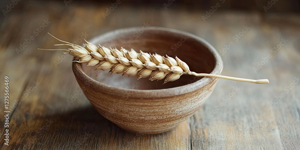 Poster wheat stalk resting on a rustic pottery bowl with natural brown tones on wooden surface, creating a 