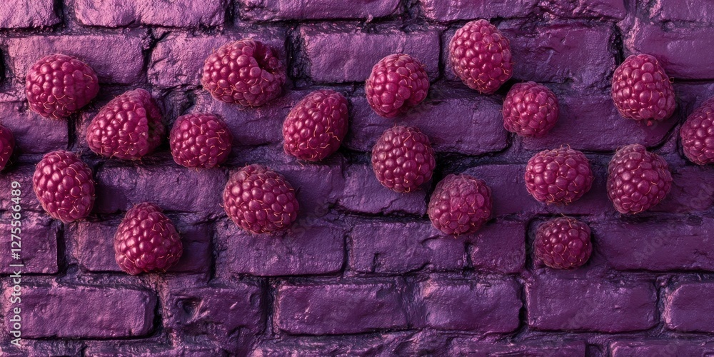 Aufkleber Purple brick wall background adorned with raspberries creating a textured abstract scene featuring ample blank copy space for text placement.