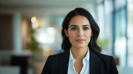 A portrait of a young adult Hispanic businesswoman in a contemporary office setting, her eyes focused on the camera with a composed and poised expression. The scene highlights her