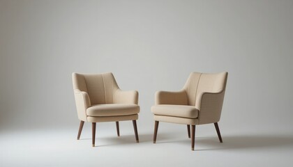 A pair of modern beige armchairs with a minimalistic design creates a welcoming atmosphere, ideal for contemporary living rooms or waiting areas.