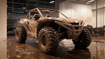 A car dealership with a spotlight on an all-terrain vehicle (ATV). Featuring ruggedness and adventure