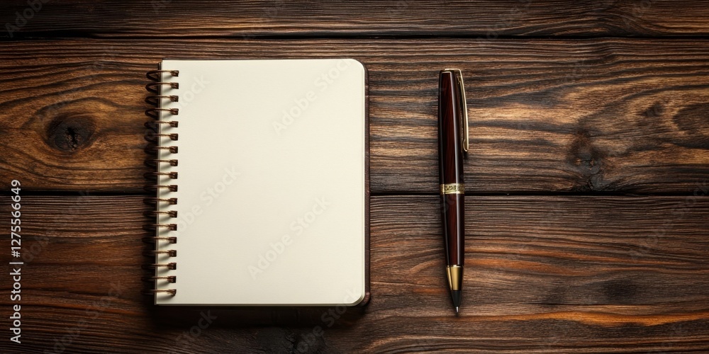 Leinwandbilder notebook and pen on a rustic wooden table featuring dark brown tones with spiral bound notebook cent