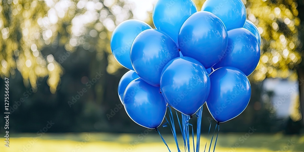 Poster blue balloons arranged in a clustered formation against a blurred green background, creating a festi