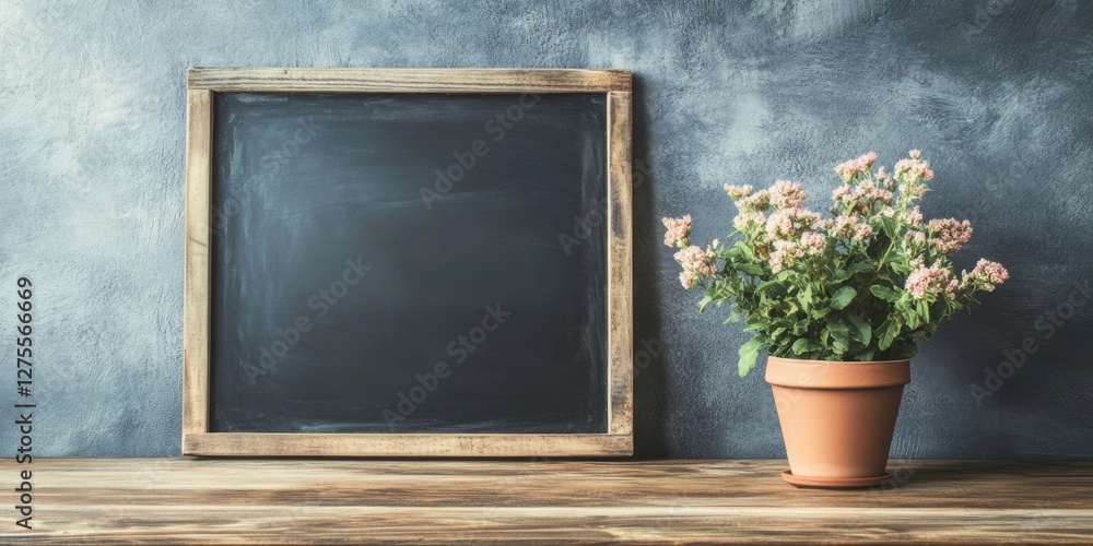Aufkleber rustic wooden table with a flowerpot filled with pink flowers on the right side beside an empty chal
