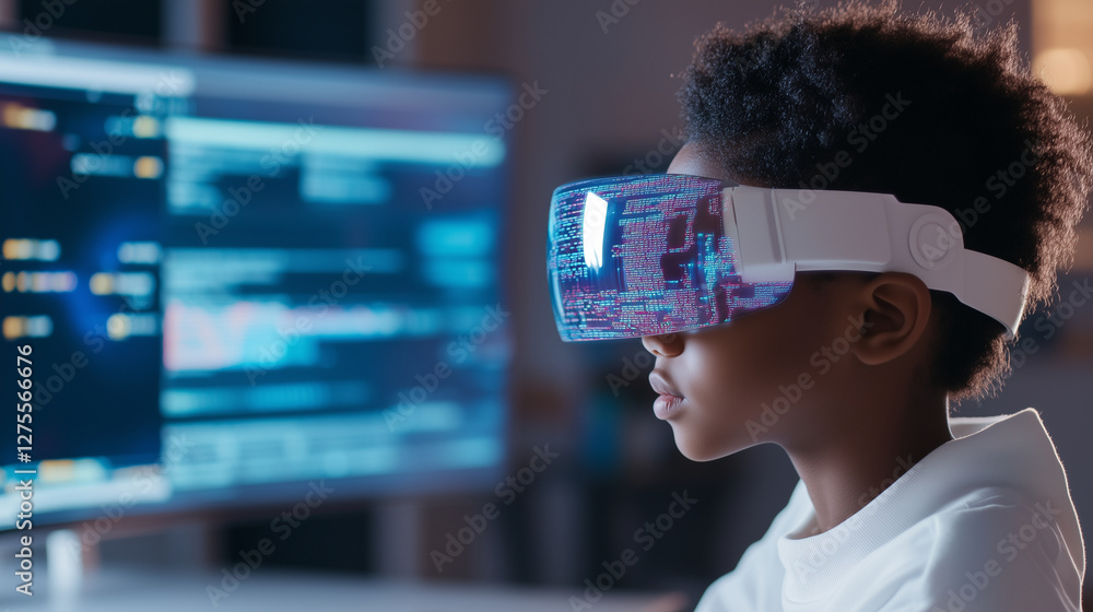 Aufkleber cybersecurity learning with ar tech: student writing code with ai & cyber visuals in classroom ar te