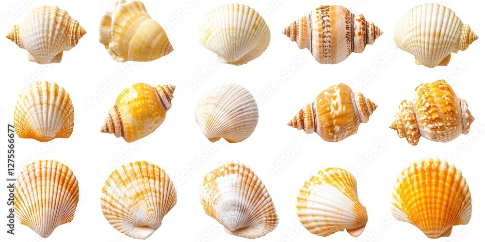 Poster variety of seashells displayed in a grid pattern featuring yellow and white hues, arranged to showca