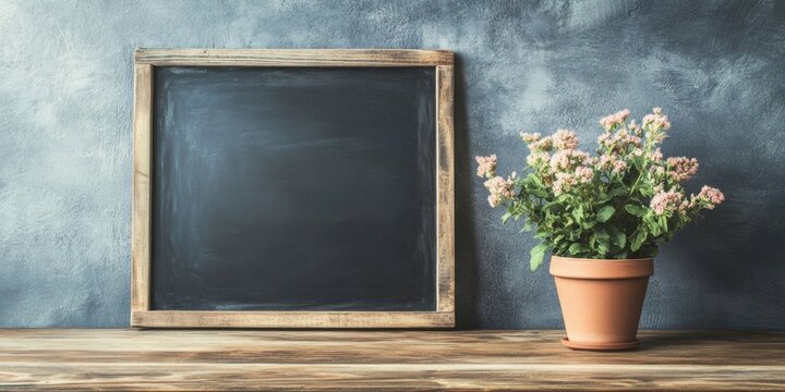 Rustic wooden table with a flowerpot filled with pink flowers on the right side beside an empty chalkboard framed in wood on a textured gray background