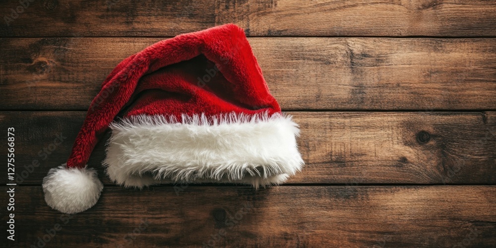 Poster Festive red Santa Claus hat positioned on a rustic wooden background with ample negative space on the right for text or branding.