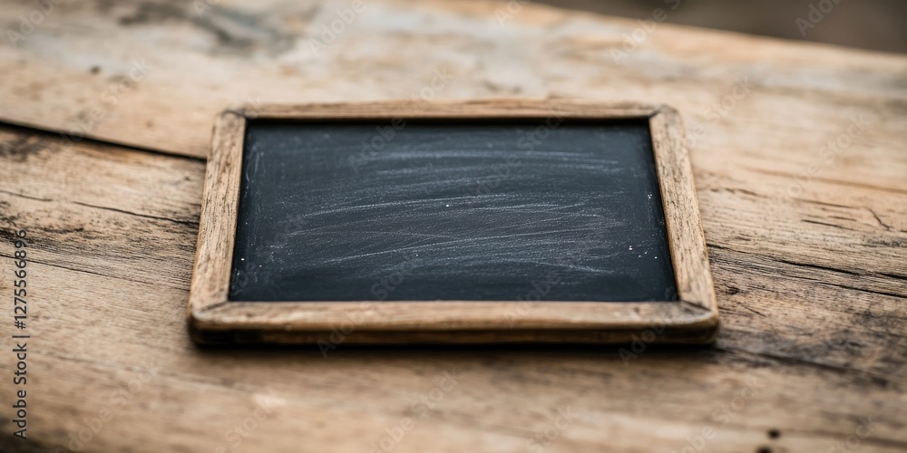 Poster rustic wooden frame chalkboard on a rough wooden table with textured surface displaying a blank slat