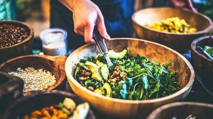 Fresh Organic Salad Preparation with Variety of Ingredients and Bowls