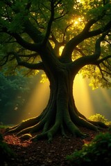 Fototapeta premium Roots of ancient tree bathed in golden illumination, earthy, forest, ambiance