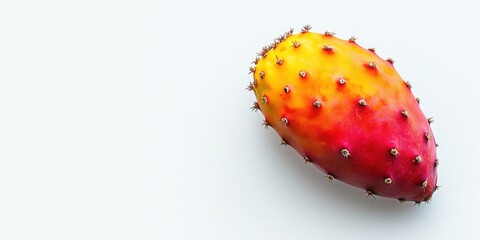 Vibrant red and yellow prickly pear cactus fruit against a clean white background top view with ample copy space for text on the left side
