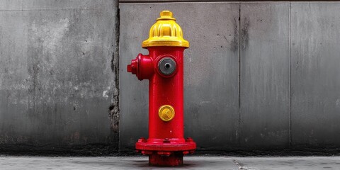 Classic urban fire hydrant in vibrant red and yellow colors positioned centrally against a contrasting gray wall highlighting fire safety significance.