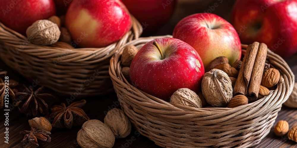 Aufkleber baskets filled with red apples assorted nuts and cinnamon sticks arranged on a rustic wooden table w