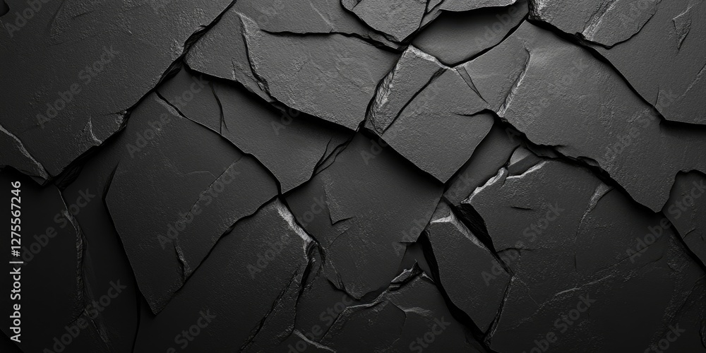 Poster textured black stone background with layered slate-like patterns, featuring sharp edges and subtle g