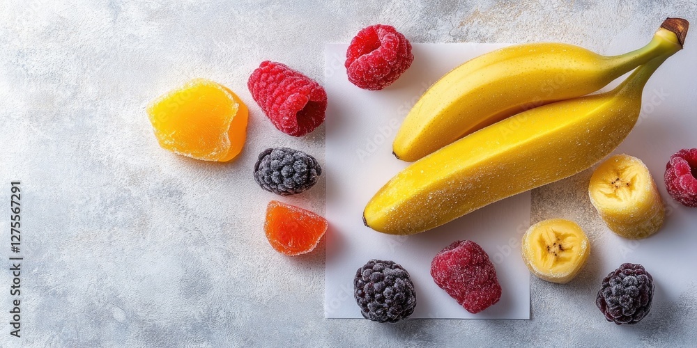 Leinwandbilder candied fruit assortment and whole bananas on a textured light gray background with ample negative s