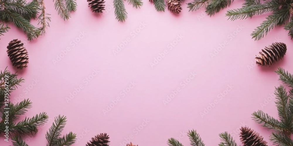 Leinwandbilder pink paper background surrounded by spruce branches and pine cones creating a festive frame with amp