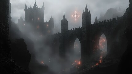 Mysterious gothic bridge shrouded in fog, sparks glow.