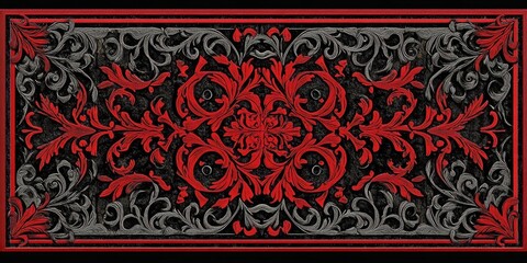 Intricate black floral design with swirling patterns and a vivid red border at the top and bottom leaves space for custom text in center.