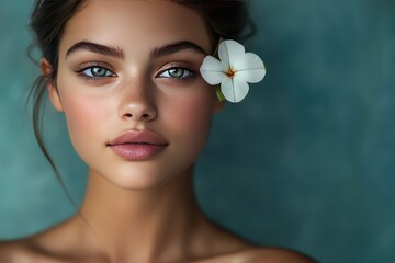 Fototapeta premium Studio portrait of a beautiful, young woman with glowing skin and a flower on her face