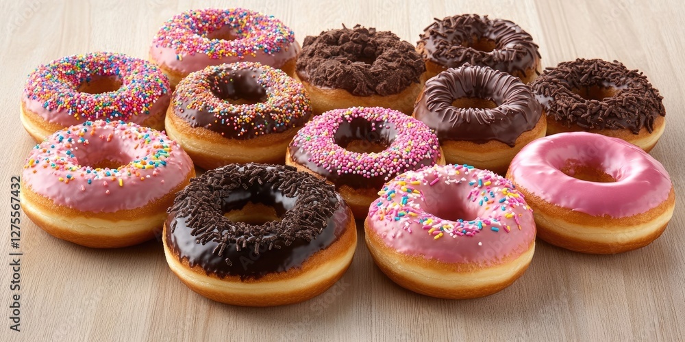 Poster assorted colorful doughnuts arranged on a light wooden surface featuring pink and chocolate icing wi