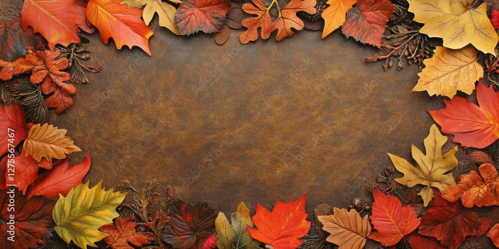 Poster autumn leaves in vibrant oranges and reds frame a textured brown felt background, creating an artist