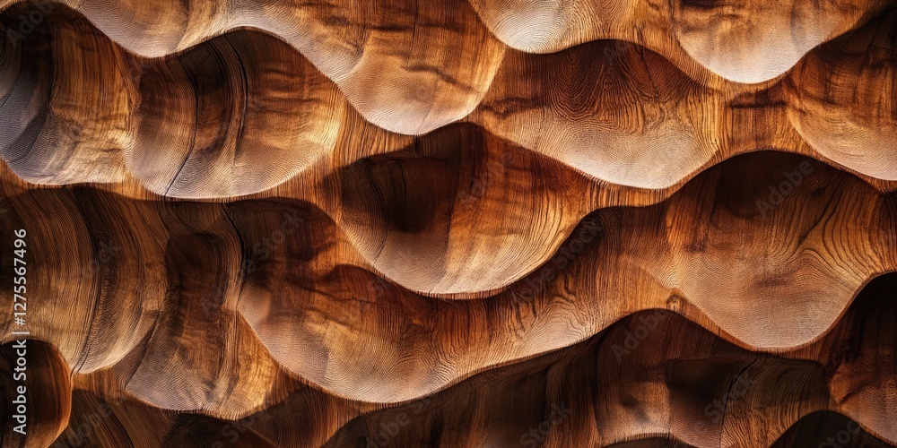 Poster textured wooden backdrop with wave-like abstract patterns in warm brown tones, showcasing depth and 