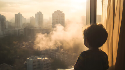 looking out of a window at a city covered in thick air pollution, sunlight struggling to break through 