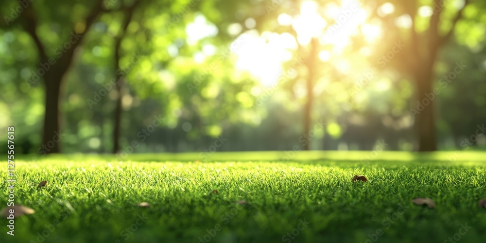 Aufkleber vibrant green park scene showcasing soft sunlight filtered through trees with bokeh effect illuminat