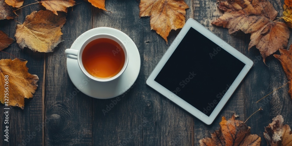 Aufkleber autumn backdrop with orange and brown leaves framing a cup of warm tea on a wooden table next to a t