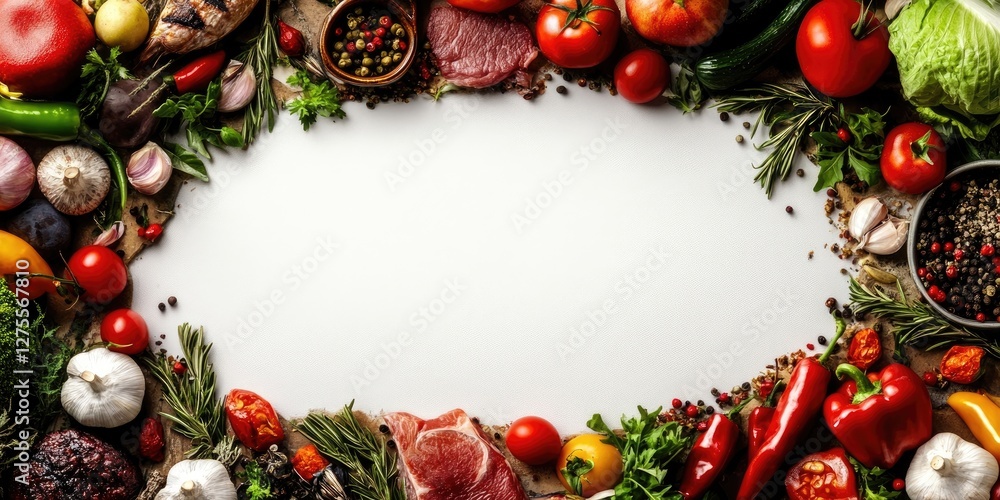 Poster fresh vibrant vegetables and meats arranged in a circular frame on a neutral background with rich gr