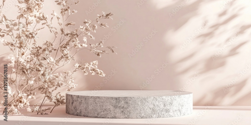 Poster elegant minimalist display with a round stone pedestal on a light pink background, enhanced by soft 