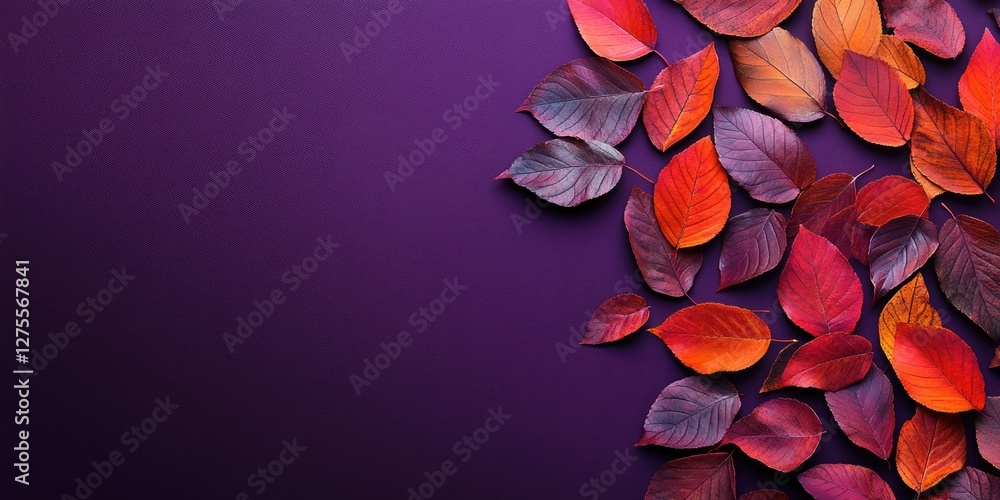Leinwandbilder vibrant autumn leaves in rich red and orange scattered on a deep violet background with ample negati