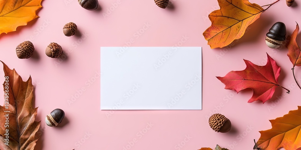 Aufkleber Autumn flat lay with empty blank card centered on soft pink background surrounded by colorful autumn leaves and acorns in warm earthy tones
