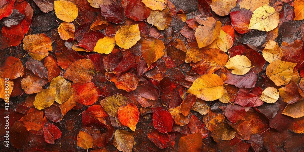 Poster vibrant autumn leaves in shades of red, orange, and yellow layered on a dark background creating a r