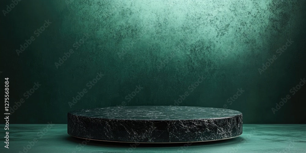 Poster elegant dark marble podium against a textured green backdrop highlighting its circular shape and smo
