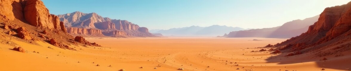 Scorching desert landscape with vast sand dunes and rocky outcrops, earth, mountains