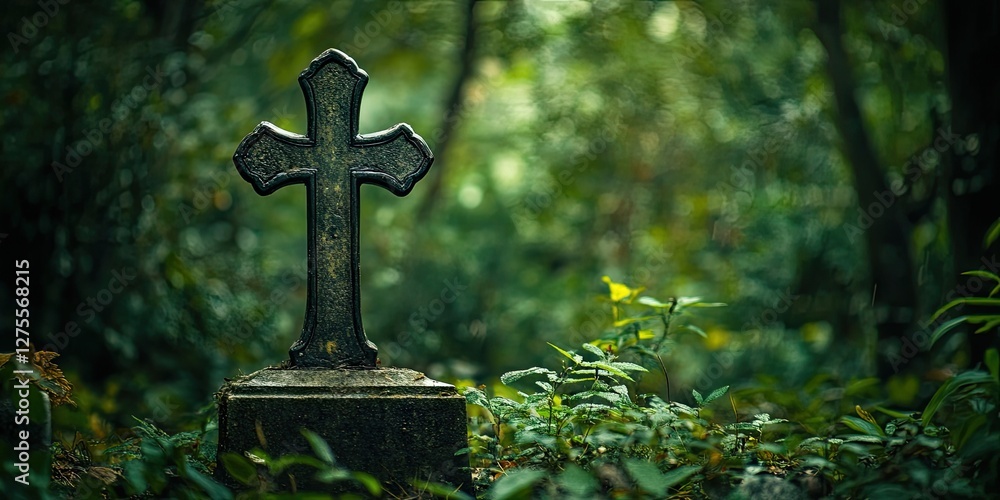 Aufkleber moss-covered stone cross in a lush green forest setting with soft dappled light highlighting details