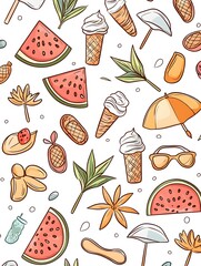 Summer symbols collection featuring watermelon ice cream and beach items vibrant illustrations fun patterns whimsical design