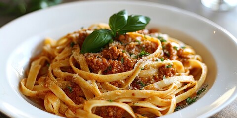 Delicious plate of fettuccine pasta with meat sauce topped with fresh basil leaves served in a white bowl with a light wooden background