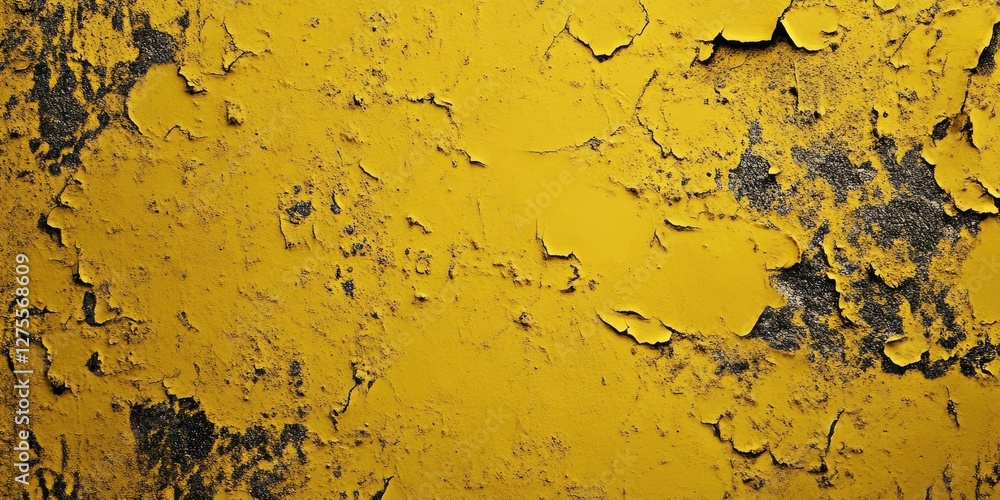 Poster textured yellow concrete surface showcasing peeling paint with dark undertones, creating a visually 