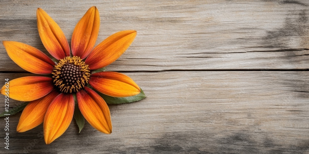 Poster rustic orange rudbeckia hirta flower on weathered wood background with blank space for text position