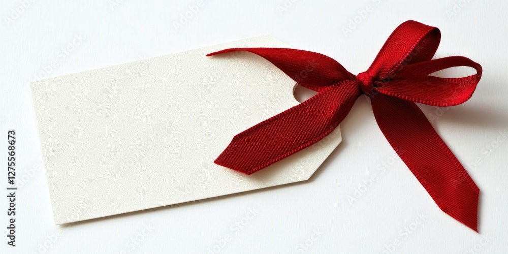 Poster blank tag with bright red ribbon tied neatly positioned at the top right on a clean white background