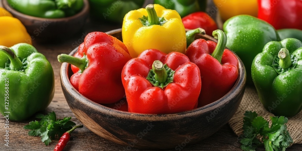Aufkleber vibrant bell peppers in a wooden bowl placed on a rustic table with green and yellow peppers in the 