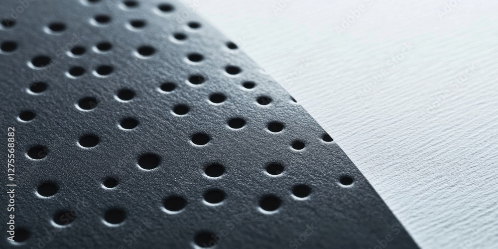 Poster dark perforated paper edge against a smooth white surface highlighted in macro detail, showcasing te