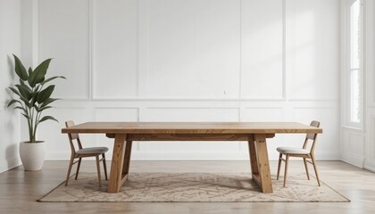 Fototapeta premium A minimalistic dining space featuring a wooden table, two chairs, and a plant, offering a fresh and inviting atmosphere for family gatherings or meals.