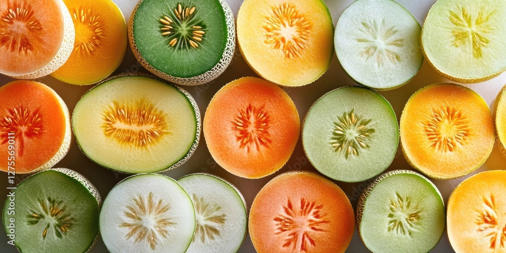 Poster aerial view of vibrant sliced melon varieties including orange, yellow, green, and white arranged in