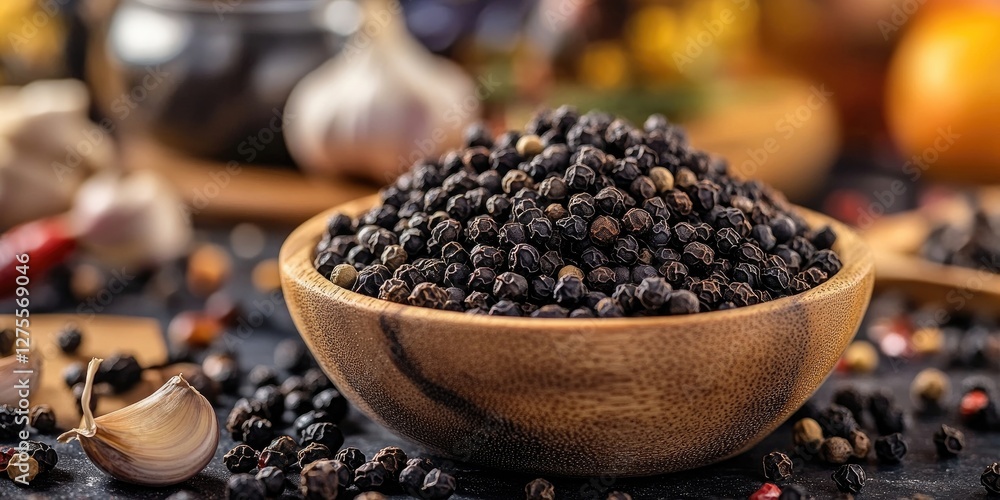 Poster black peppercorns in a wooden bowl on a rustic table surrounded by garlic cloves and colorful spices